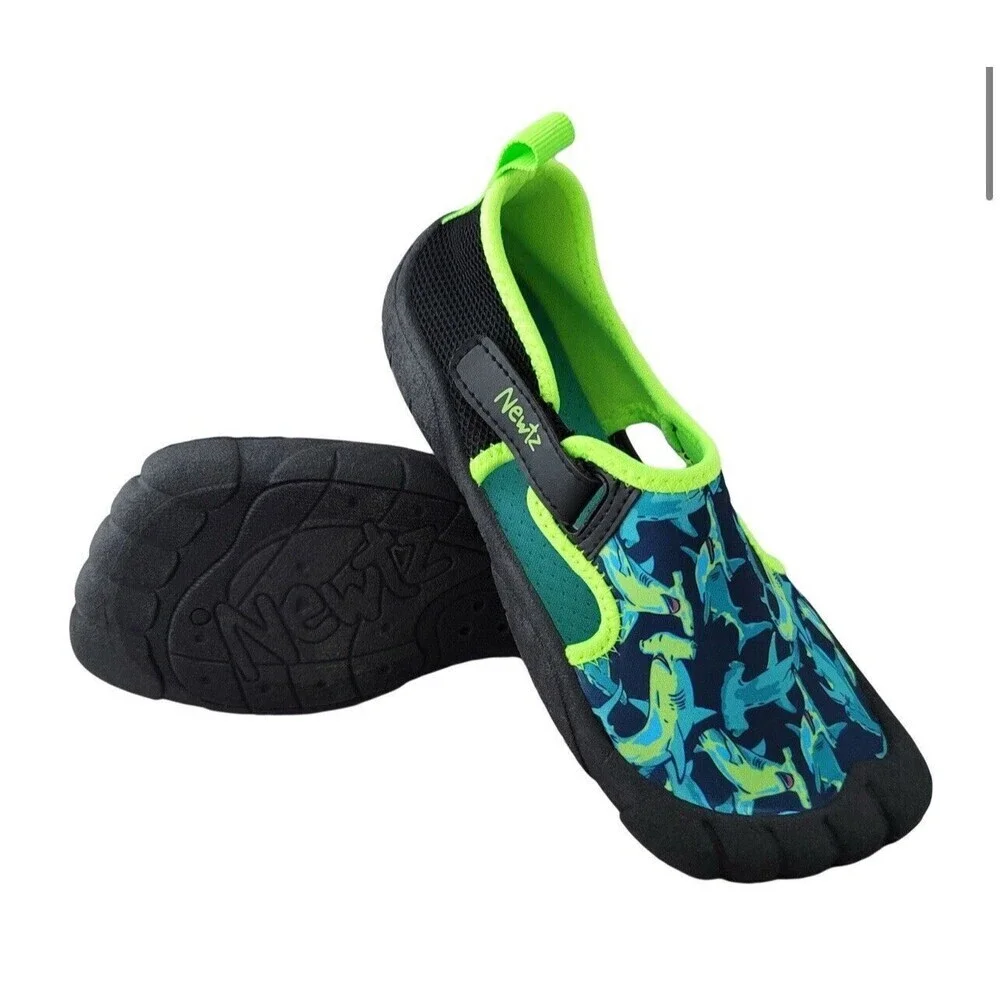 Boys NEWTZ Swim Water Shoes Size 13/1 Sharks Fishing Neon Green and Blue NWT